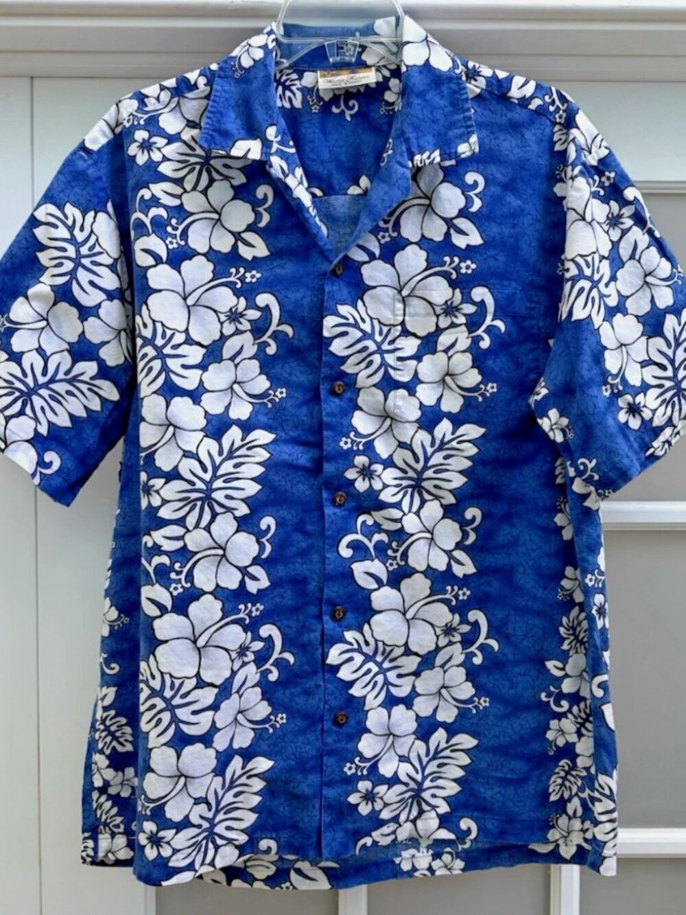 Winnie Fashion Mens Hawaiian Blue White Hibiscus Flower Stripe Cotton Shirt Sz L